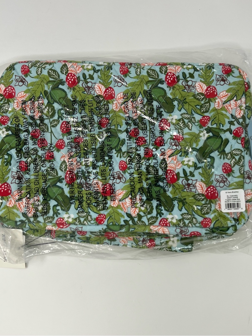 Vera Bradley XL Cosmetic Bag Frogberry Garden Blue Frogs Strawberry NWT - Picture 2 of 8